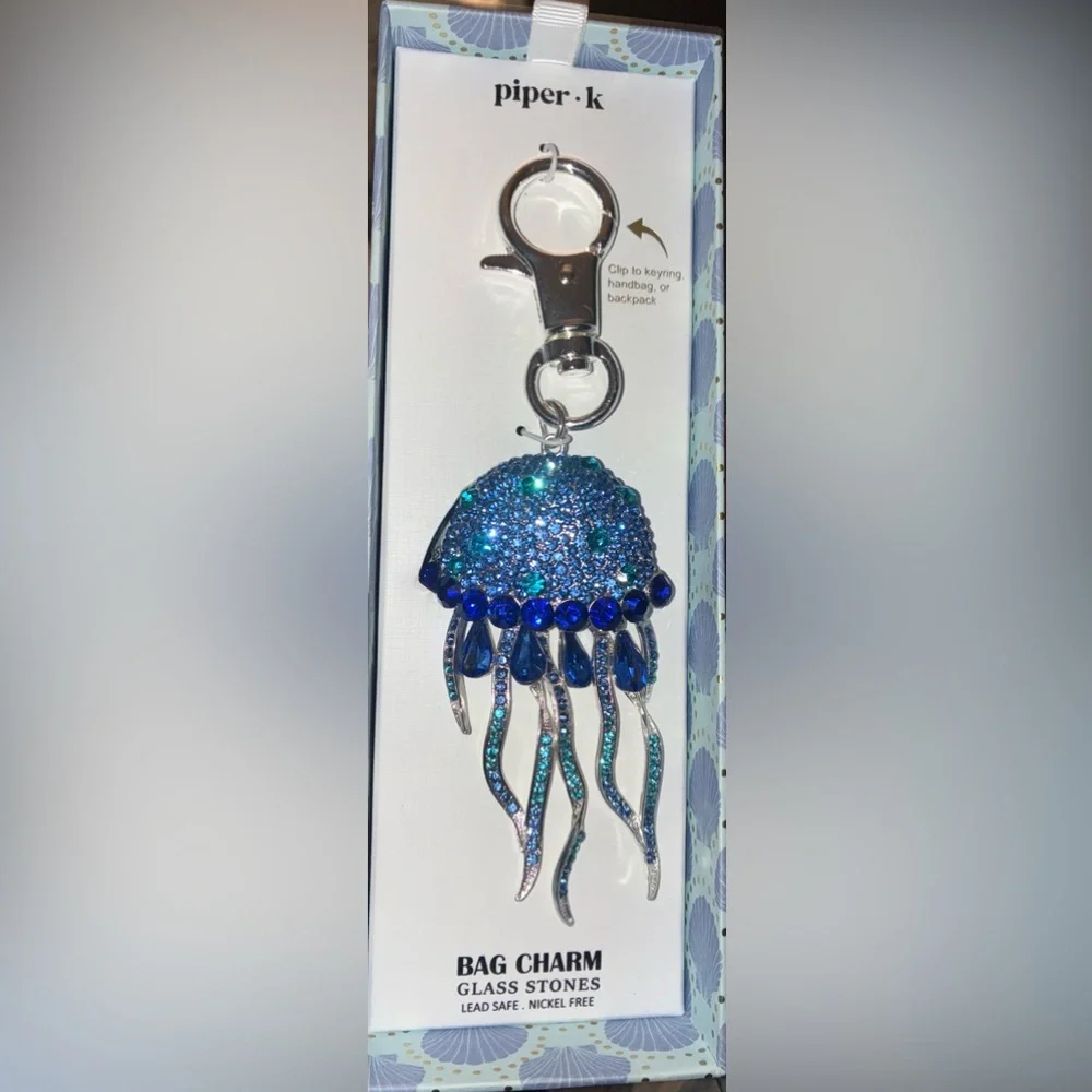 PIPER K Blue Ombré Crystal-Studded Jellyfish or Squid Bag Charm Keychain NEW NWT